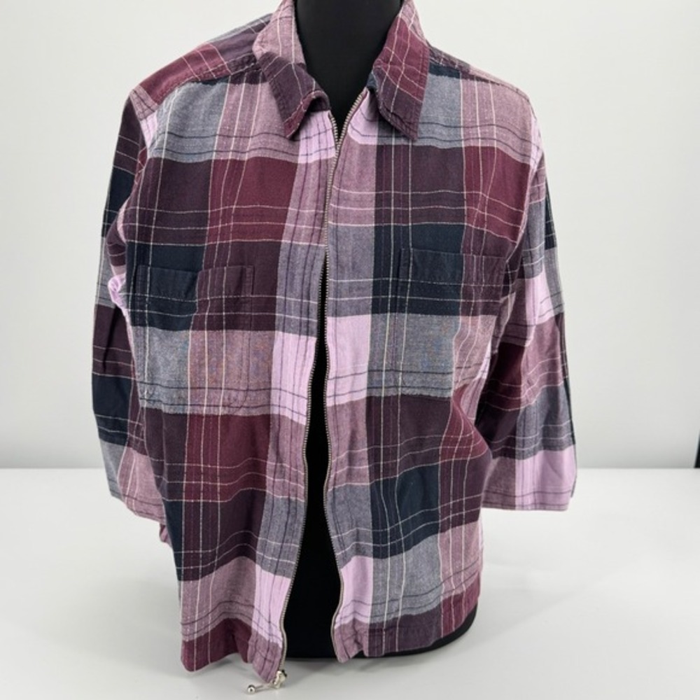 Plaid Zip Front Shirt Jacket Women's Large‎ Burgundy Pink Navy Cotton Grunge - Picture 2 of 11